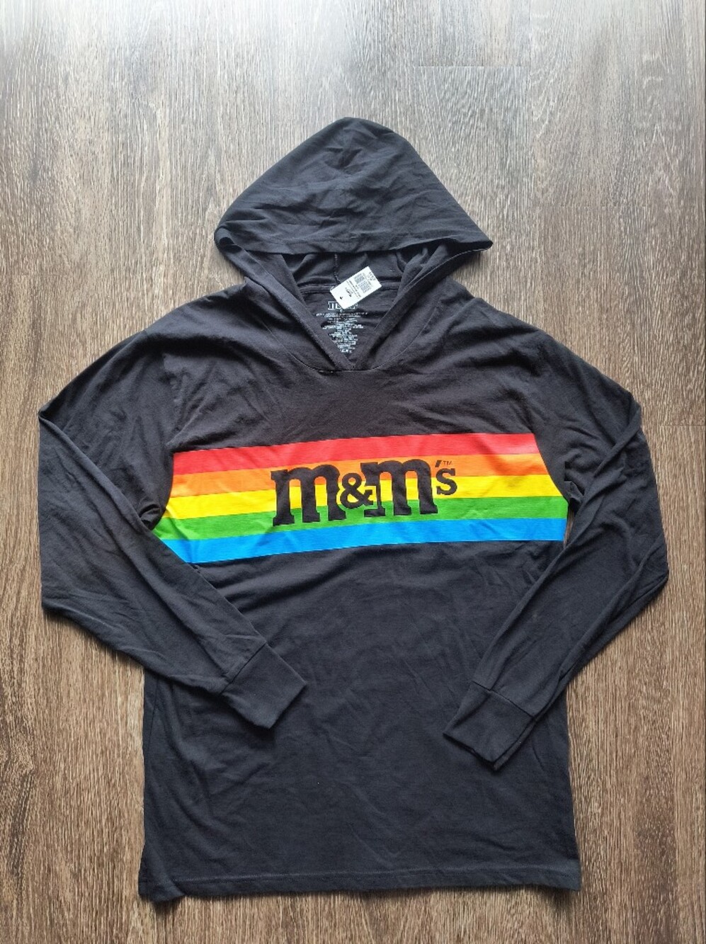 NWT M&M'S Black Hooded Long-Sleeve Shirt with Rainbow Chest Stripe Xl